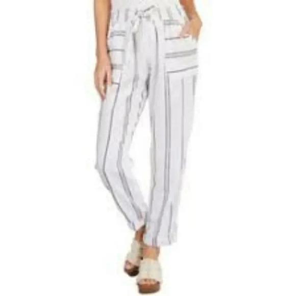 REWASH LINEN BLEND BOHO VIBES BOYFRIEND JOGGERS WHITE / BLACK PINSTRIPES SMALL - Picture 1 of 14